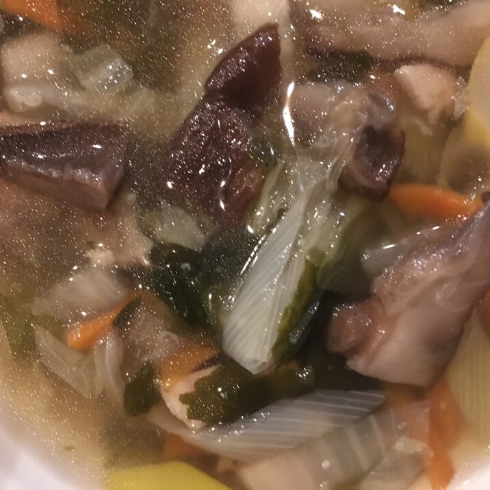 椎茸とわかめと白菜とネギと人参のスープ